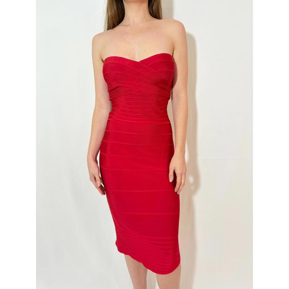 Herve Leger Strapless Red Bandage Midi Dress